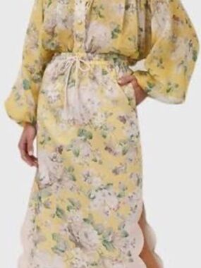 Zimmermann scalloped hem Yellow Floral Tie-Waist Maxi skirt